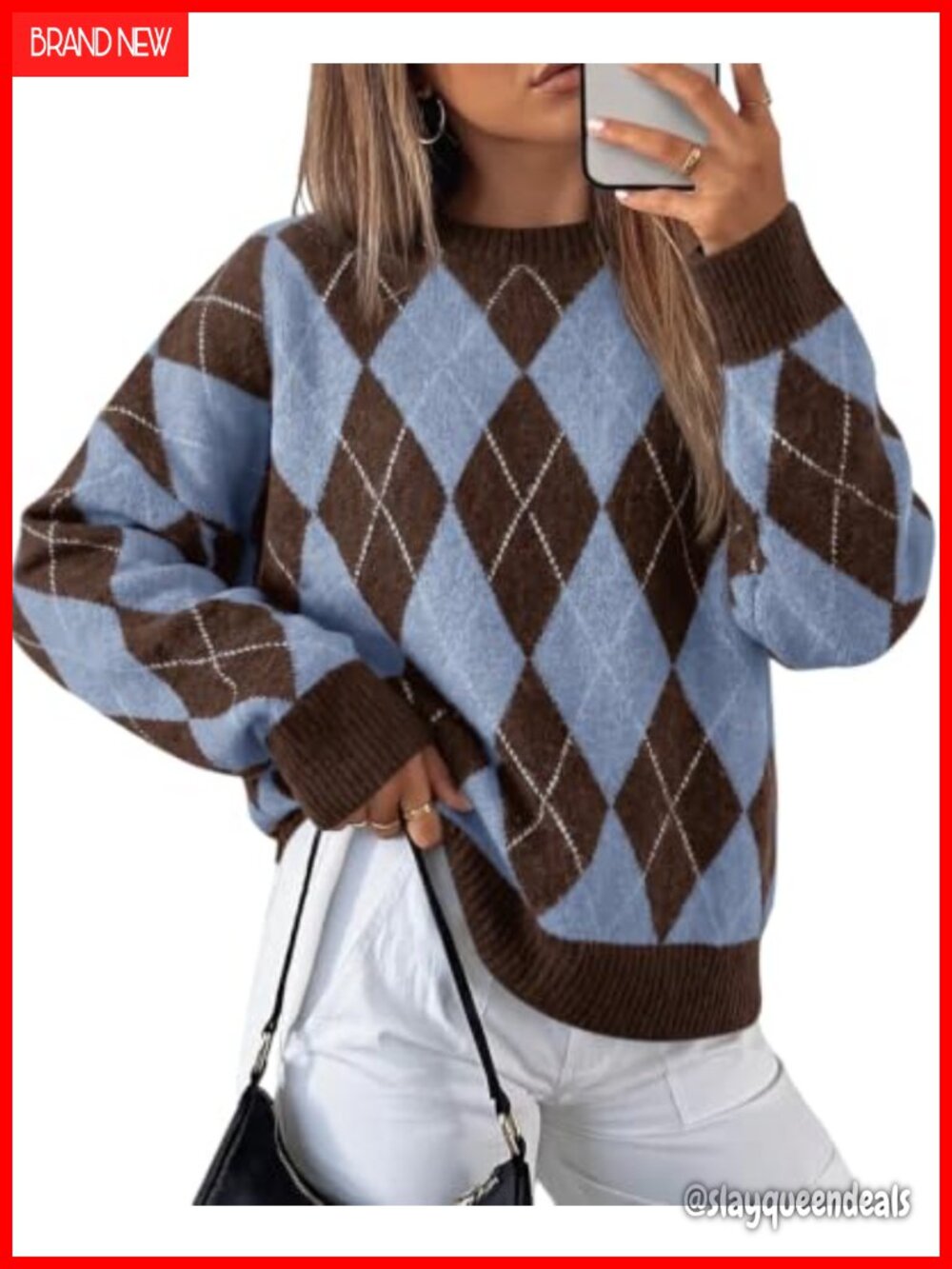 Oversized Argyle Plaid Knit Pullover Sweater Long Sleeve Crew Neck